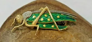 18K 750 Gold Green Enamel Grasshopper Diamond Brooch Pin Italy 7.9g Vintage - Picture 1 of 9