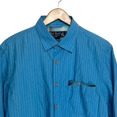 Nat Nast Para Hombres Pequeño Algodón Azul Rayas con Cuadros Recortado Manga Larga Abotonada Foto 1 de 4