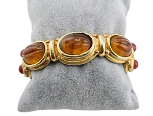 Fab 80s Signed Etruscan Style Cuff Bracelet With Melon Glass Cabochons (A7916) - Picture 1 of 10