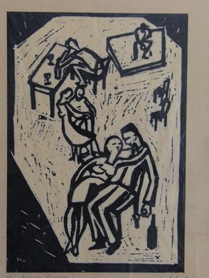 Trunkener Morgen Holzschnitt 1949 unleserl sign H. Kofl? altes Passepartout - Bild 1 von 4