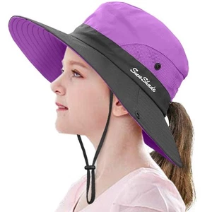 Kids Ponytail Sun Hat Wide Brim UV Protection for Girls Beach Bucket Cap M20. - Picture 1 of 7