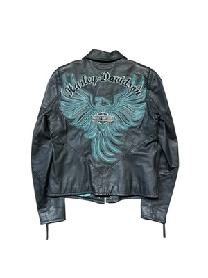 Harley Davidson Women’s Leather Zip Up Biker Jacket Black Blue Size Medium - Image 1 of 4