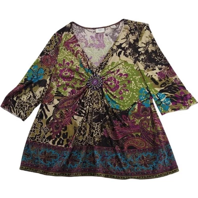 Top túnica ECI New York para mujer cachemira adornada floral manga 3/4 talla XXL Foto 1 de 4