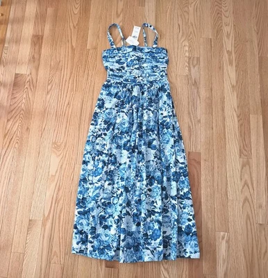 $110 Nuevo Con Etiquetas Mujeres Vestido Midi Emerson Popelina Correa Ancha Abercrombie Floral Azul XXS Foto 1 de 4