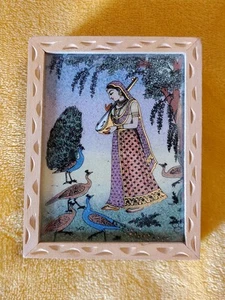 Gemstone Painting Jewelry Box Indian Woman With Peacocks Glass Topped Wood Box - Picture 1 of 16