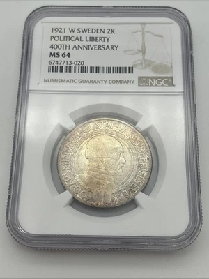 1921 W Sweden 2 Kronor Political Liberty 400th Anniversary - NGC MS 64 Silver - Image 1 of 4