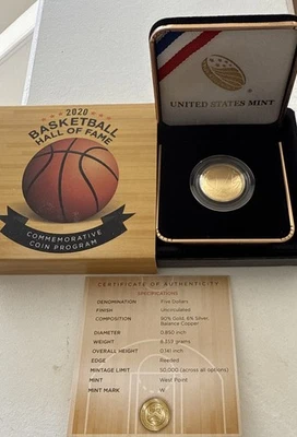 2020 W BASKETBALL HALL OF FAME $5 GOLD COIN -UNCIRCULATED - Image 1 of 4