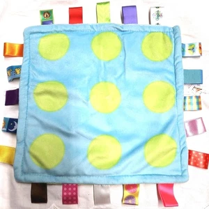 Cong Erle Taggie Blue Green Polka Dots Security Blanket Lovey Minky Ribbon Tags - Picture 1 of 5