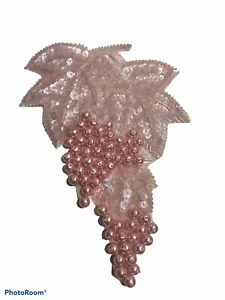 GRAPE CLUSTER FRUIT SEQUIN BEADED APPLIQUE LIGHT PINK 6.5"x7.5” - Picture 1 of 3
