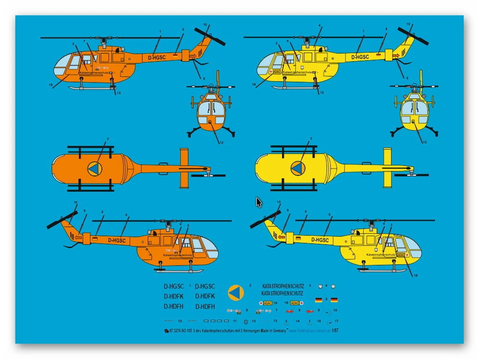 Peddinghaus 1/87 EP 3278 Bo 105 Elicottero di Salvataggio Il Aereo, 3 Kennunge - Immagine 1 di 1