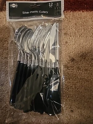  Party  Plastic Cutlery SILVER & BLACK Combo Spoons, Forks & Knives)  12 Pieces  - Image 1 of 2
