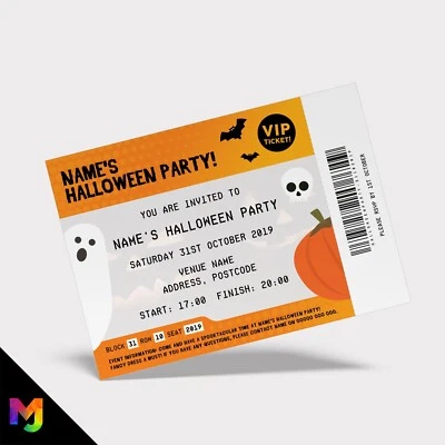 Personalised Halloween Vip Ticket Style Invitations | Ghost Pumpkin Orange Theme - Image 1 of 2