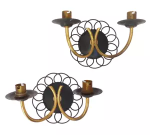 Gorgeous Pair Wall Light Sconces ART DECO France 1950 Black Metal Brass - Picture 1 of 11