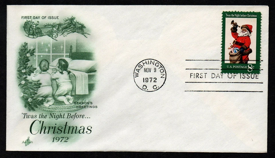 USA, SCOTT # 1472, ARTCRAFT FDC COVER 1972 CHRISTMAS, SANTA CLAUS, GREETINGS - Image 1 of 1