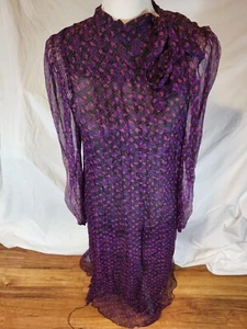 Vintage 70s Purple Ditsy Floral Silk High Neck Pleated Dress Size 8 - Picture 1 of 6