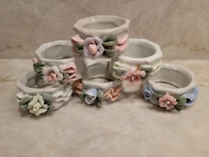 Porcelain Applied Floral Napkin Ring Holders White X 6. Raised flowers  - Picture 1 of 4