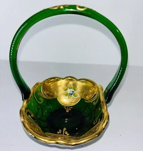 Vintage Emerald Green Bohemian Beaded Glass Gold Gilded 6"t Basket Unusual Style - Picture 1 of 7