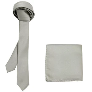 New Polyester Men's 1.5" skinny Neck Tie & hankie set solid formal silver gray - Picture 1 of 3