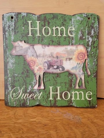Cow Plaque Home Sweet Home Shabby Green Rope Hanger Farm Tractor Barn 11.75" Cover