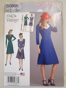 Simplicity S0666 Retro 1940s Dress Pattern 6-14 Vintage Style Uncut Long Sleeves - Picture 1 of 2