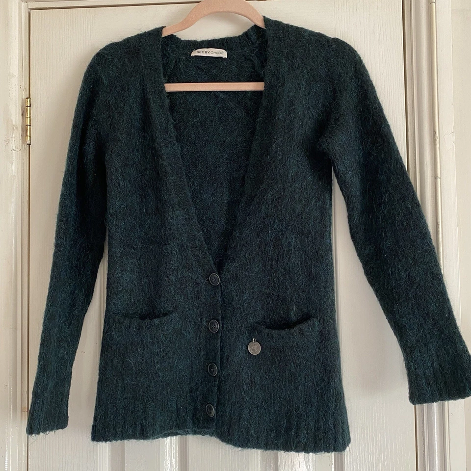See By Chloe Green Mohair Wool V-neck Boyfriend Cardigan Size UK 6 Pockets - Image 1 of 4