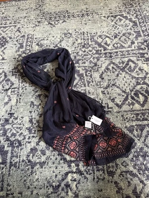 NWT- J. Crew $40 Retail Lightweight Navy Blue Boho Scarf with Pink Aztec Floral - Image 1 of 4