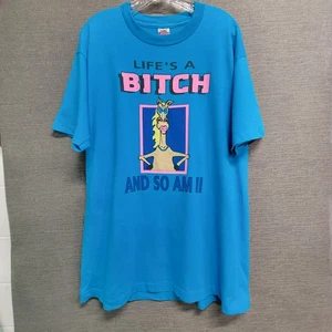 Vintage 90s Fruit-of-the-Loom T-Shirt Womens XL Lifes A Bitch single stitch blue - Picture 1 of 9