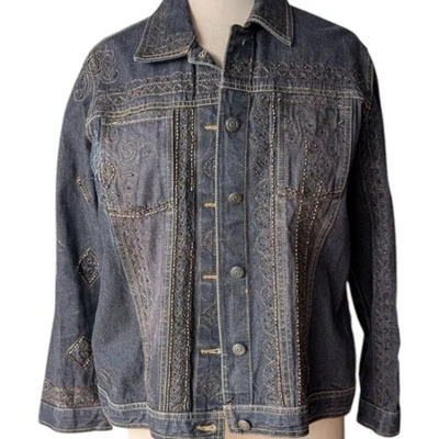 复古 Laura Ashley 串珠深色牛仔夹克女式 PM 女牛仔节日西部 — 第 1/4 张图片