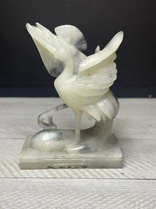Hand Carved Soapstone Crane White/black 3” X 2.5” Longevity Wisdom - Picture 1 of 7