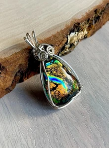 Dichroitischer Glas Anhänger Handarbeit Draht gewickelt blau braun bunt funkelnd Schmuck - Bild 1 von 6