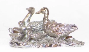 Geese Family Figurine Silvertone Metal Mom Dad Babies Miniature Goose Gosling - Picture 1 of 5