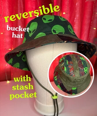 Patchwork Reversible Bucket Hat Stash Pocket & Chin Strap Green, Burgandy, Alien - Image 1 of 4