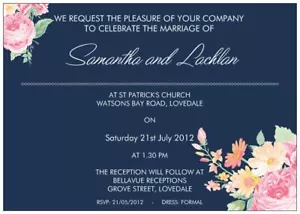 100 PRINTED PERSONALISED WEDDING INVITATIONS and ENVELOPES CARDS SET FLORAL blue - Picture 1 of 2