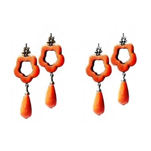 Earrings Orange Boho flower drop, choose clip on or pierced - Picture 1 of 4