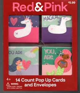 Red & Pink 14 Pop Up Sparkle Valentine Cards & Envelopes Mermaids & Unicorns New - Picture 1 of 2