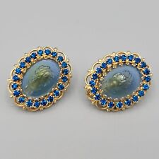 Unsigned Warner Blue Glass Cameo Intaglio Rhinestone Gold Tone Filigree Earrings