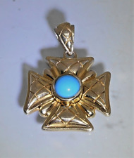 Vintage Maltese Cross Pendant Blue Turquoise 24kt Gold on Solid Sterling Silver
