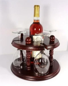 CHERRY WOOD NAUTICAL WINE BOTTLE RACK & FOUR GLASS HOLDER TABLE TOP ARTWORK - Picture 1 of 7