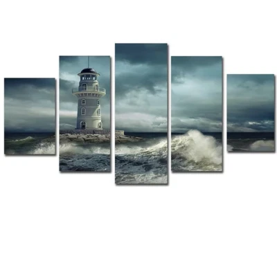 The Lighthouse Nature Scenery Wave Sky View 5 Piece Panel Canvas Wall Art Decor - Image 1 of 3