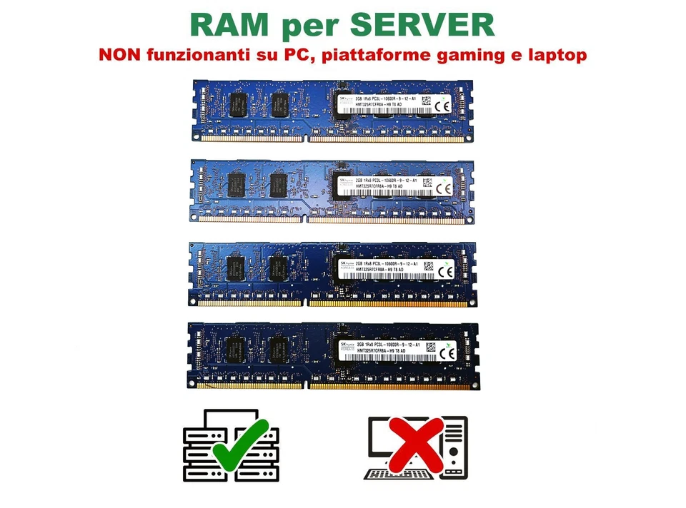 RAM ECC 4×2 GB RAM Hynix HMT325R7CFR8A ECC PC3L-10600R 1333 MHz Totale 8GB - Immagine 1 di 1