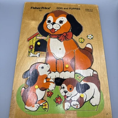 Quebra-cabeça de madeira vintage Fisher Price para cachorros e filhotes #511 filhotes de madeira - Imagem 1 de 4