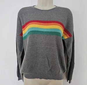 Y2k Gray Multicolor Retro Rainbow Stripe Sweater Women's Sz S Pullover 90s Style - Picture 1 of 9