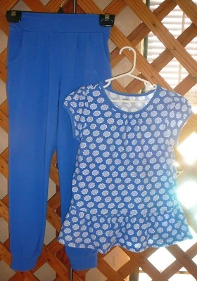 GYMBOREE OUTFIT~TOP & PANTS~Blue Floral Short Sleeve Top~Slip On Pants~Girls Med - Image 1 of 4