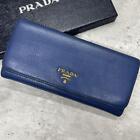 Prada Long Wallet Grained Leather Navy Italy Made Serial Engraved Authentic M