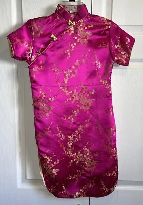 Golden Dragon Girls Dress Chinese Asian Satin Hot Pink with Gold Sz 14 - Image 1 of 4