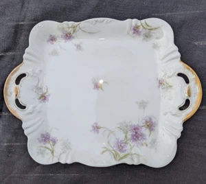 ANTIQUE HAVILAND LIMOGES SCHLEIGER 1035 LAVENDER FLORAL CAKE PLATE GOLD HANDLES - Picture 1 of 8