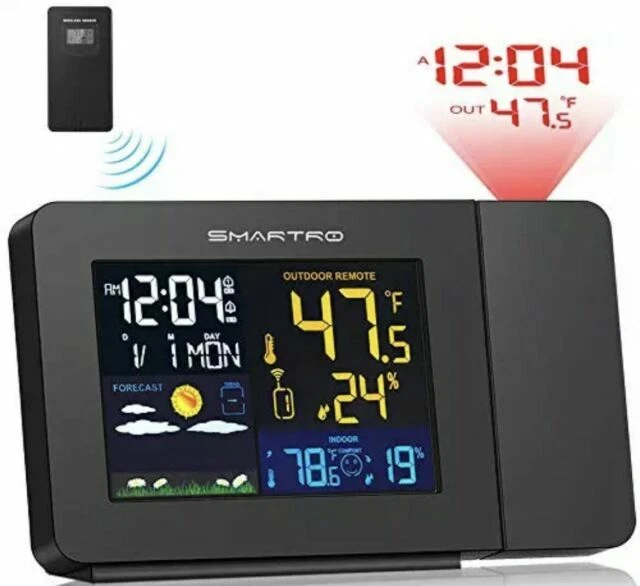 SMARTRO SC91 Wireless Projection Alarm Clock for Bedrooms with Weather Station - Black