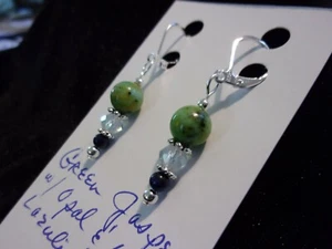 925 Natural Green Jasper w/ White Opal & Blue Lapis Lazuli Leverback Earrings - Picture 1 of 5