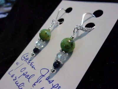 925 Natural Green Jasper w/ White Opal & Blue Lapis Lazuli Leverback Earrings - Image 1 of 4