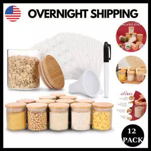 Set of 12 Glass Food Storage Containers Jars with Bamboo Lids for Kitchen 6 oz - Picture 1 of 8